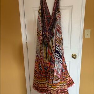 Camilla Multicolor Printed Halter Maxi Dress in White, Orange, Yellow, Purple